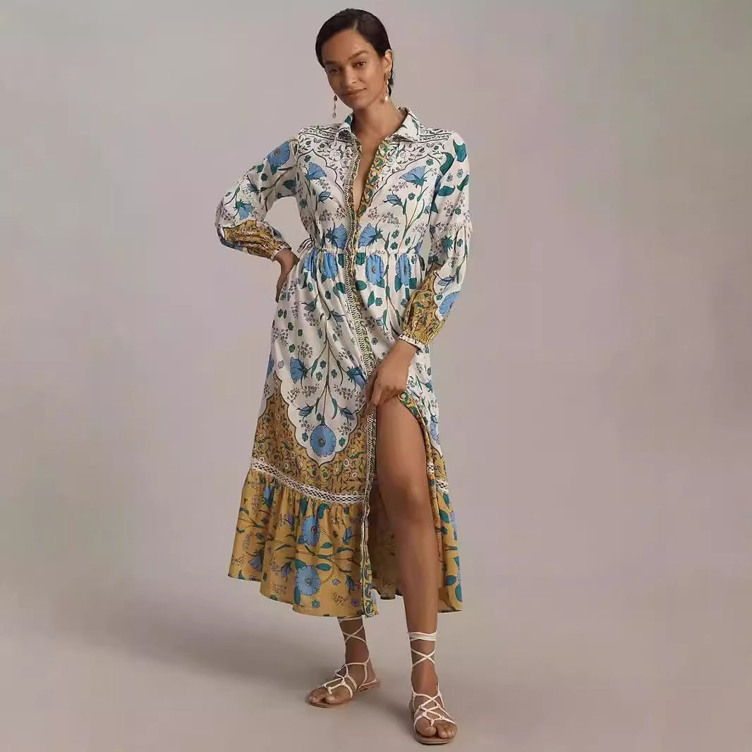 Women's Floral Print Long-sleeved Shirt Dress