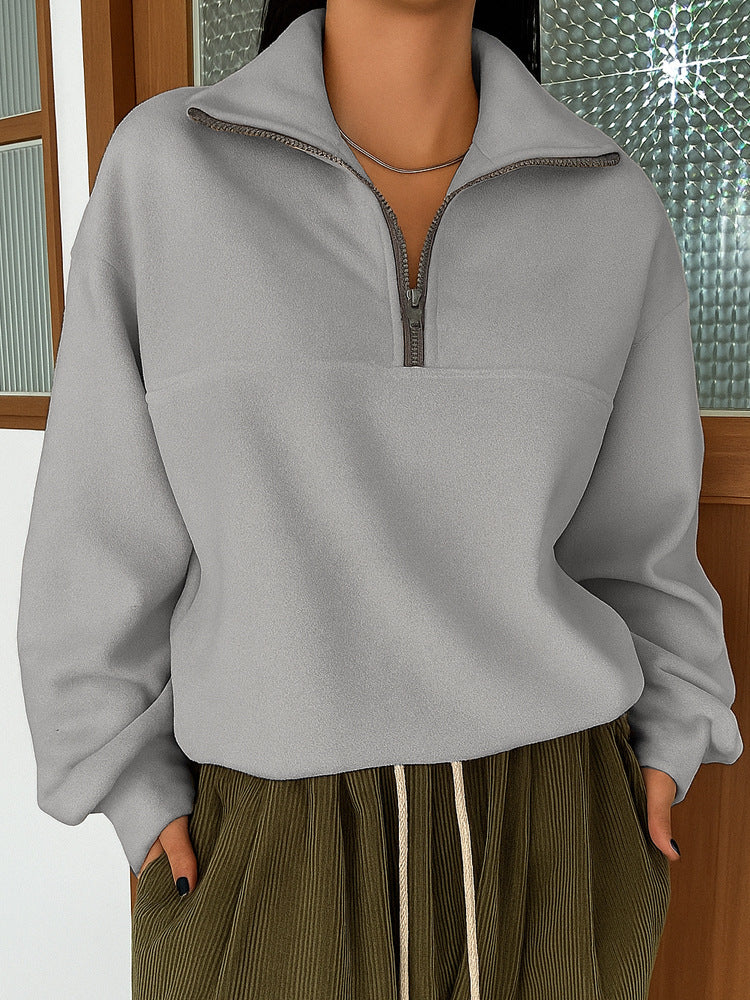 Casual Loose Fashion Solid Color Long Sleeve Zipper Pullover Lapel Sweater