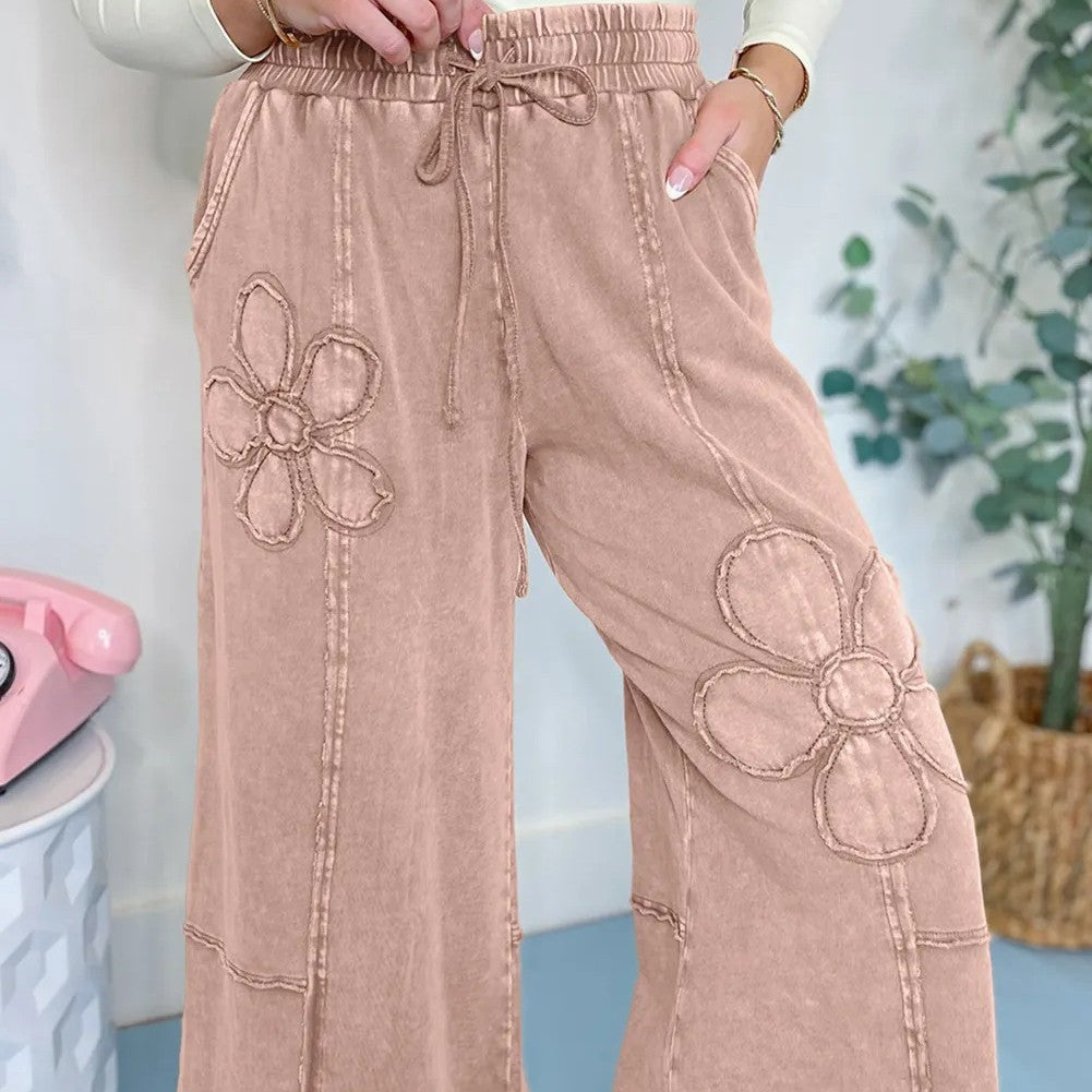 Buckskin Flower Patch Mineral Washed Terry Knit Cropped Wide Leg Pants