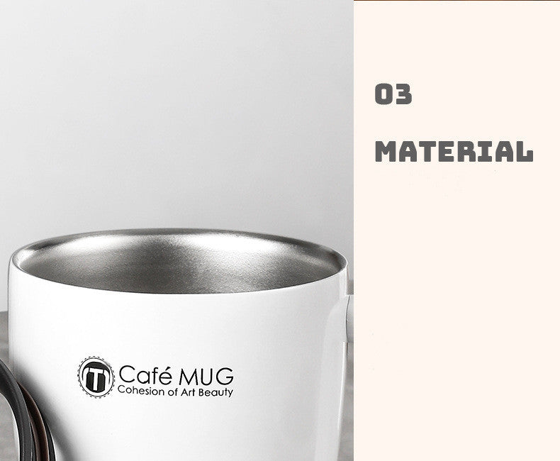 Stainless steel mug with 'Café Mug' logo on a white background