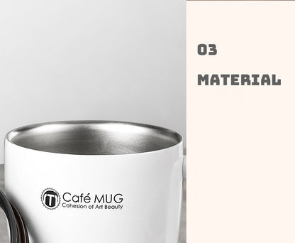 Stainless steel mug with 'Café Mug' logo on a white background