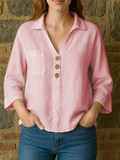 Spring Summer Lapels Solid Color Loose Shirt