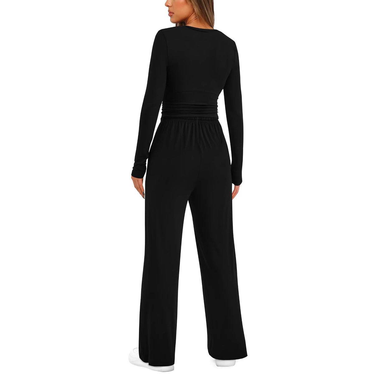 2 Pieces Women's Suit Autumn Winte Long Sleeve Tops High Waisted Wide Leg Pants Sportswear Female Clothes Solid Color Casual Suit - G-daat