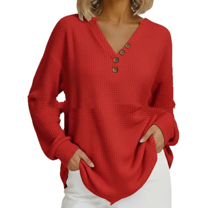 Casual Comfortable Loose Waffle Long Sleeve V-neck Women's Top