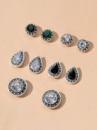 5 pairs Vintage Jewellery Shining Rhinestone Round Water Drop Stud Earrings Set - G-daat