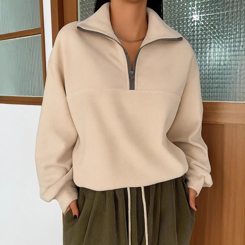Casual Loose Fashion Solid Color Long Sleeve Zipper Pullover Lapel Sweater