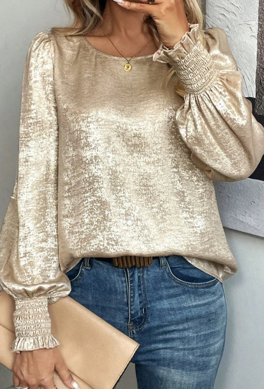 Apricot Metallic Round Neck Smocked Long Sleeve Blouse