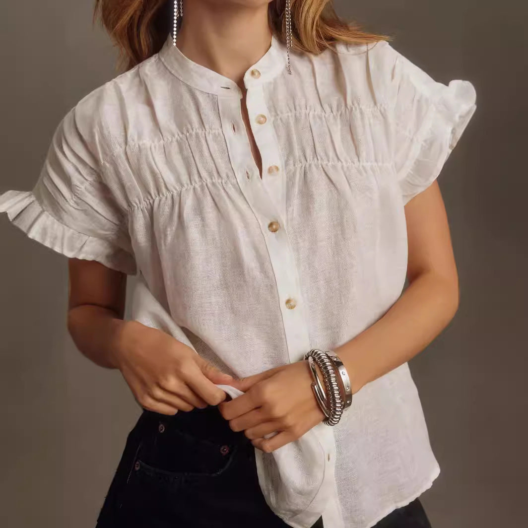 Women's Casual Smocked Solid Color Linen Stand Collar Short Sleeve Shirt