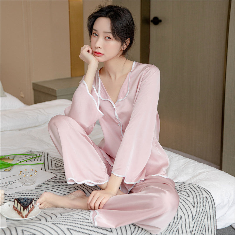Solid Color Long Sleeve Trousers Cardigan Homewear Two Piece Straight Pants