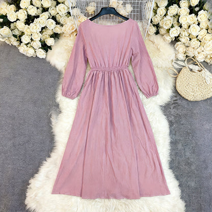 Women's Off-neck Retro Solid Color Long Sleeve Big Hem Dress