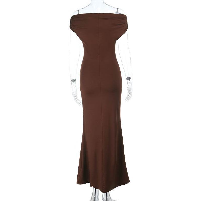 Off-Shoulder Backless Dress - Pleated Slim Fit Women's Dress - G-daat