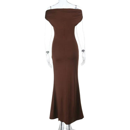 Off-Shoulder Backless Dress - Pleated Slim Fit Women's Dress - G-daat