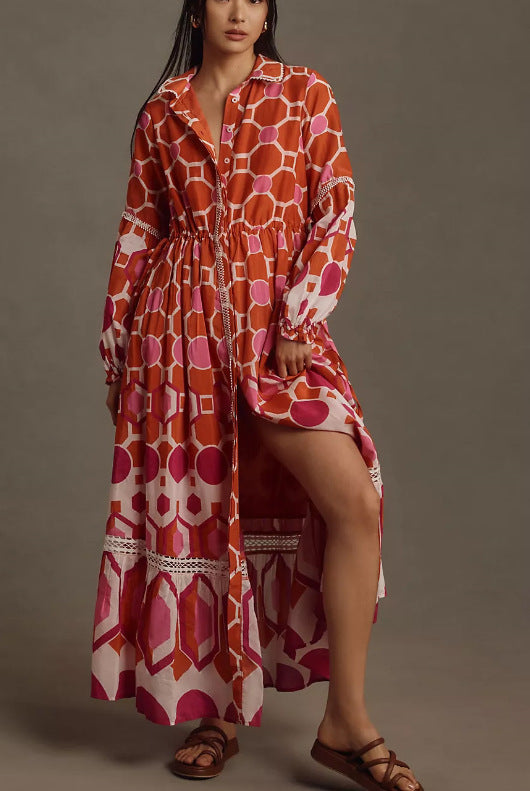 Women's Floral Print Long-sleeved Shirt Dress