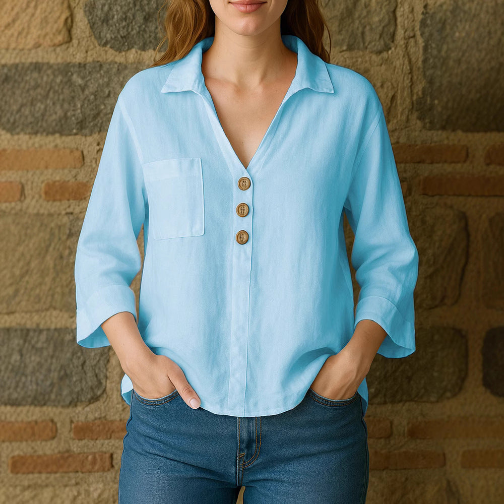 Spring Summer Lapels Solid Color Loose Shirt