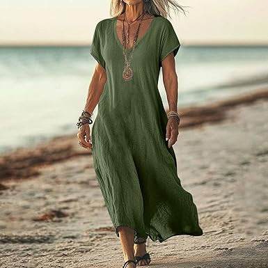 Loose Solid Color And V-neck Cotton And Linen Dress - G-daat
