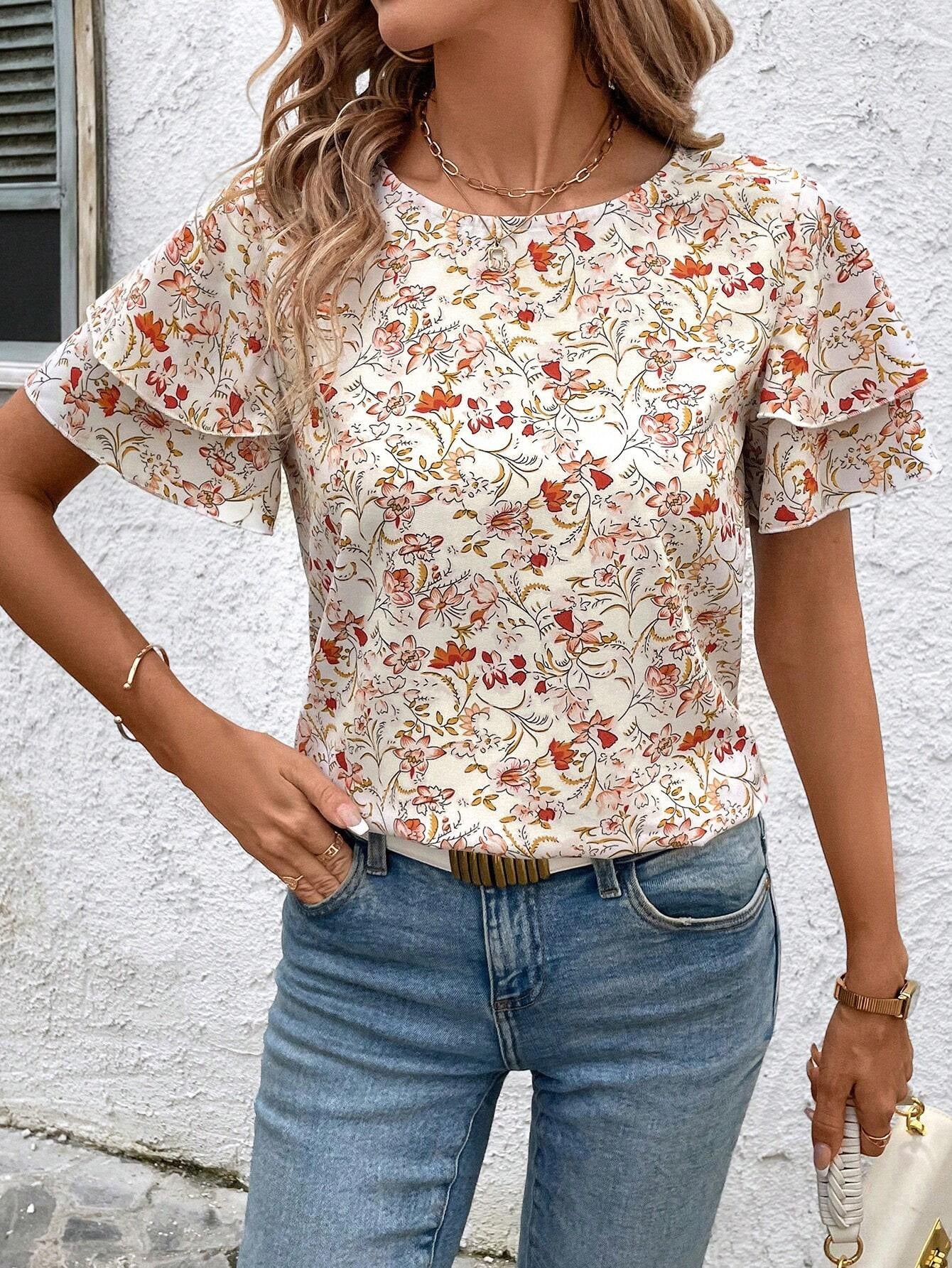 Round Neck Stitching Short Sleeve Loose Printed Top For Women