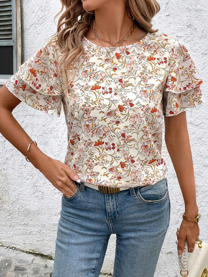 Round Neck Stitching Short Sleeve Loose Printed Top For Women