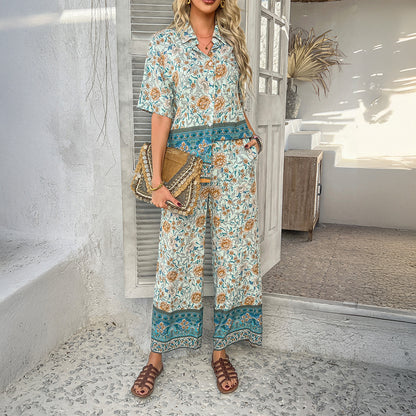 Contrast Color Bohemian Vacation Style Short Sleeve Long Pants