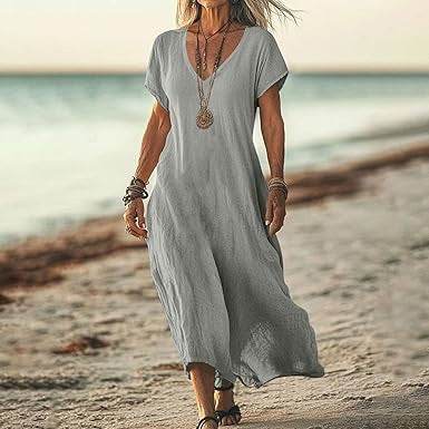 Loose Solid Color And V-neck Cotton And Linen Dress - G-daat