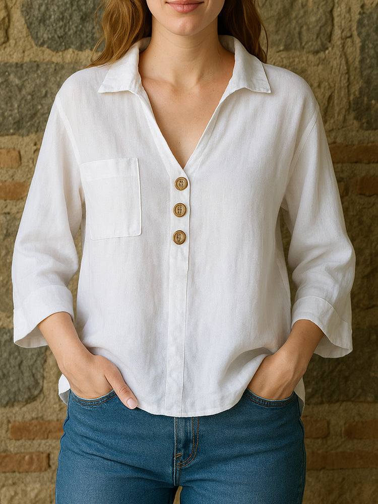 Spring Summer Lapels Solid Color Loose Shirt