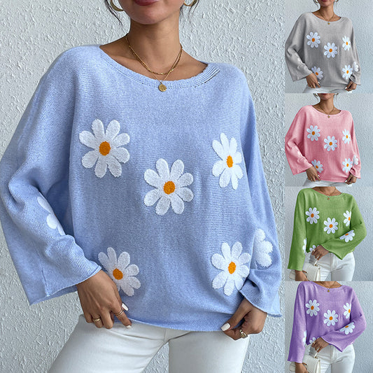 Sweet Flowers Loose Knitted Sweater For Women