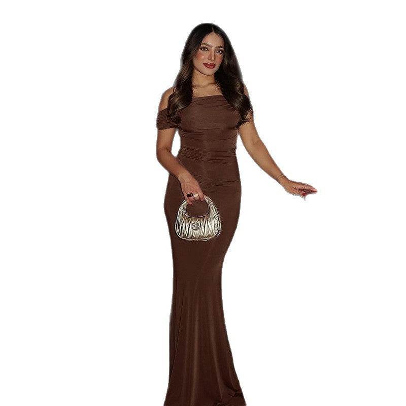 Off-Shoulder Backless Dress - Pleated Slim Fit Women's Dress - G-daat