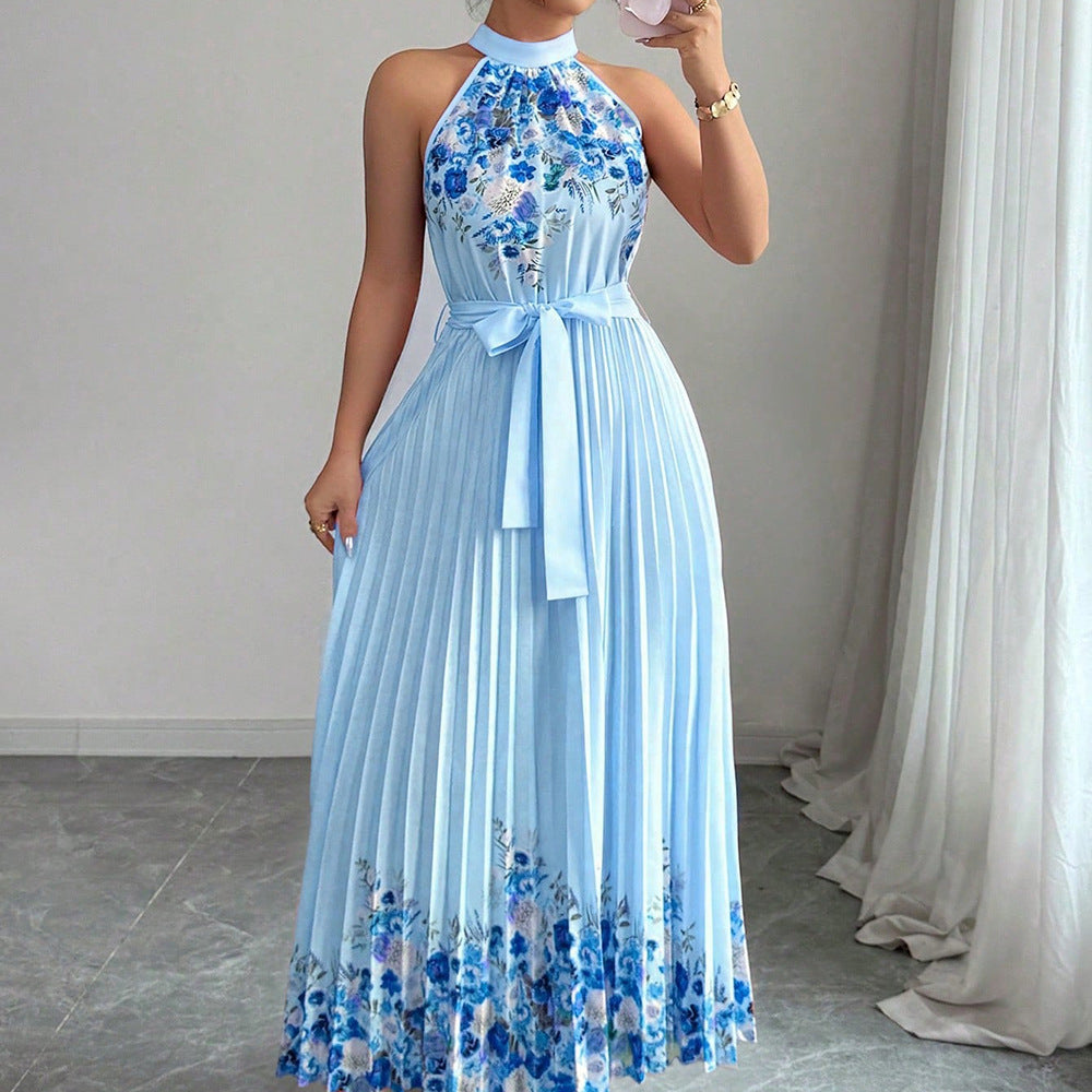 Women's Fashionable Printed Pleated Long Dress