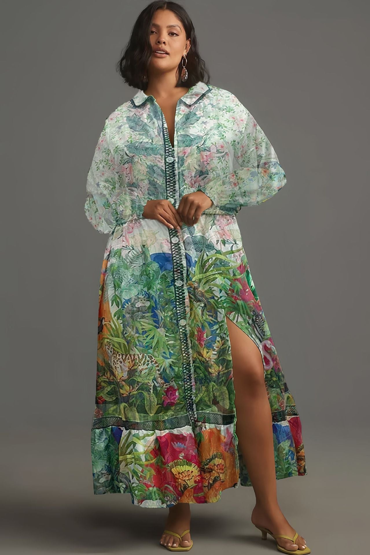 Women's Floral Print Long-sleeved Shirt Dress