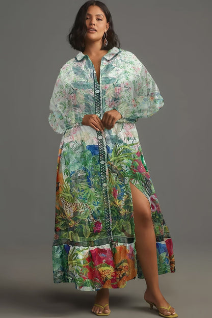 Women's Floral Print Long-sleeved Shirt Dress