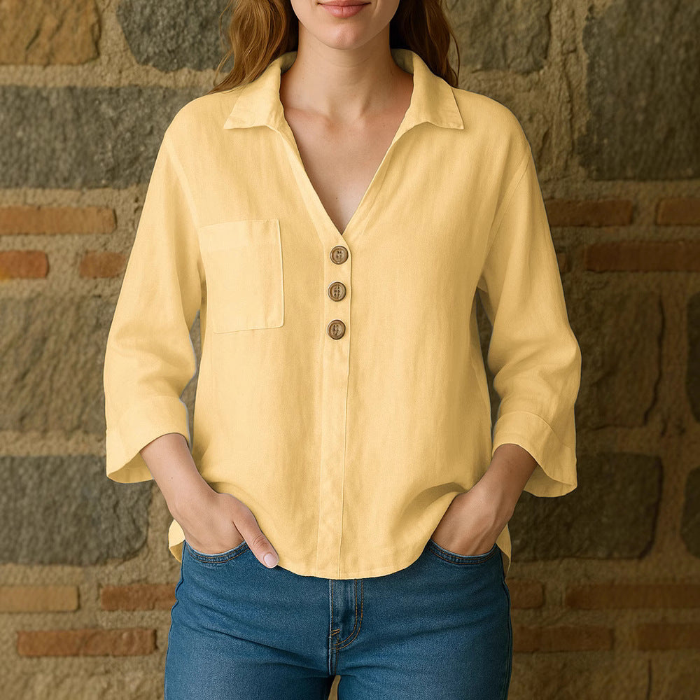 Spring Summer Lapels Solid Color Loose Shirt