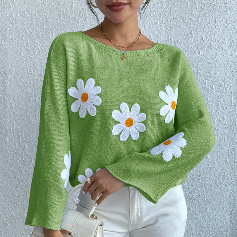Sweet Flowers Loose Knitted Sweater For Women
