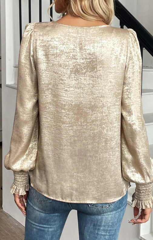 Apricot Metallic Round Neck Smocked Long Sleeve Blouse