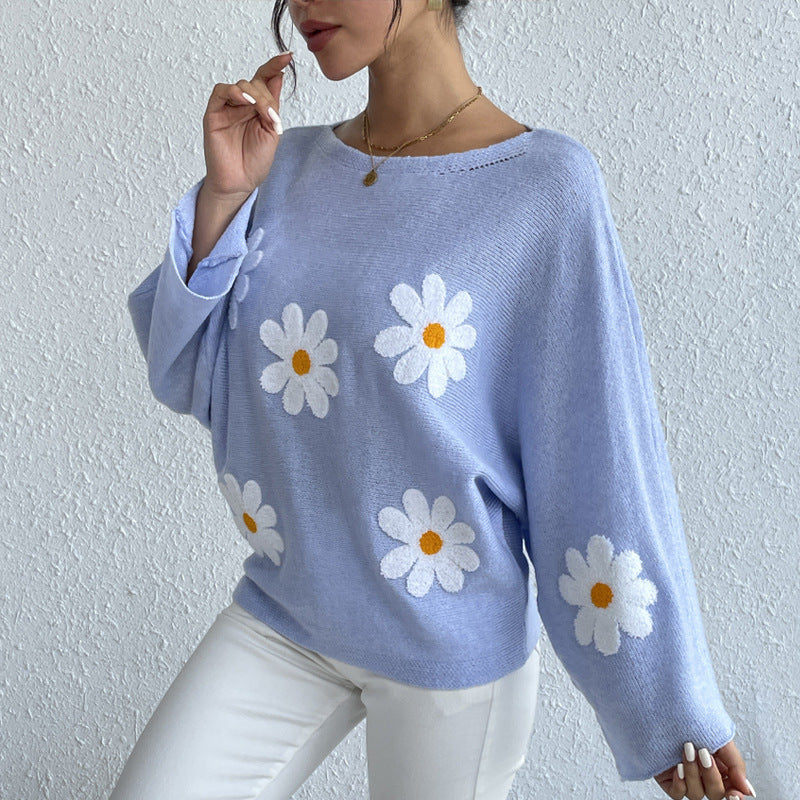 Sweet Flowers Loose Knitted Sweater For Women