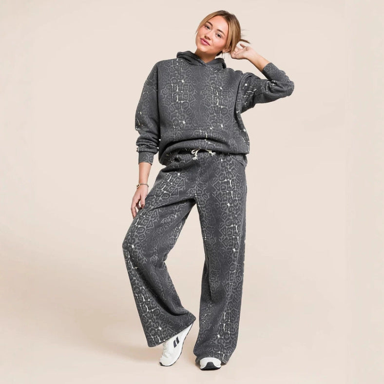 Fashionable Casual Hooded Sweatshirt And Wide Leg Pants Leopard Print Set