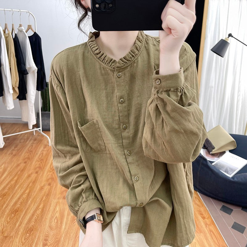 Women's Long-sleeved Cotton And Linen Loose Youthful-looking Ruffled Collar Shirt