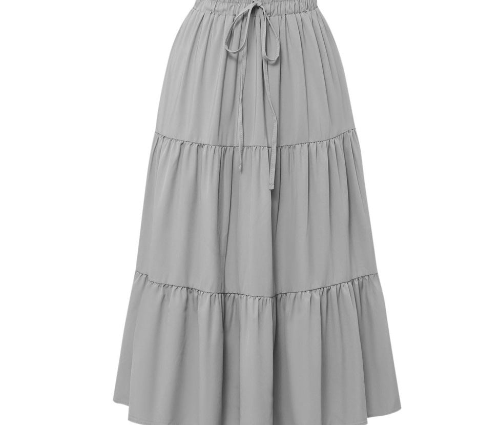 European And American Solid Color Stitching Ruffle Elastic Pocket Skirt