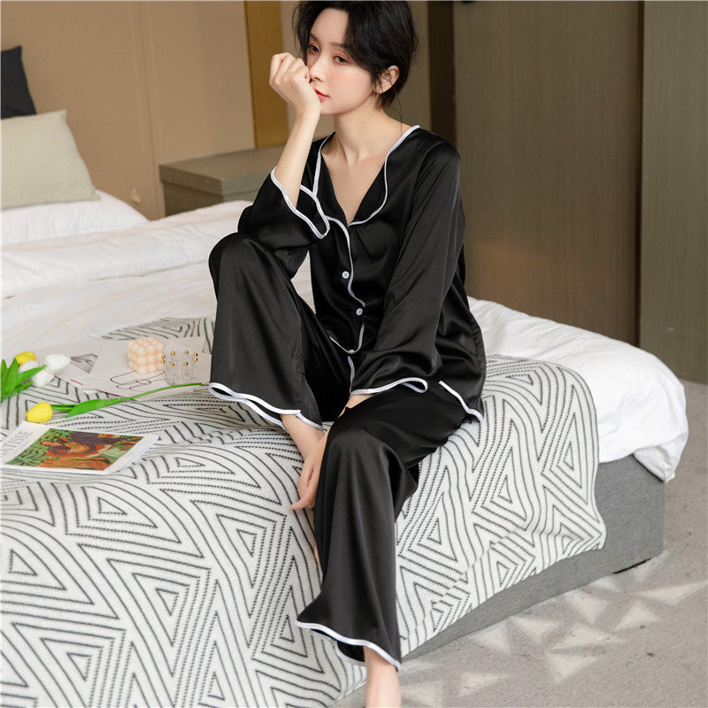 Solid Color Long Sleeve Trousers Cardigan Homewear Two Piece Straight Pants