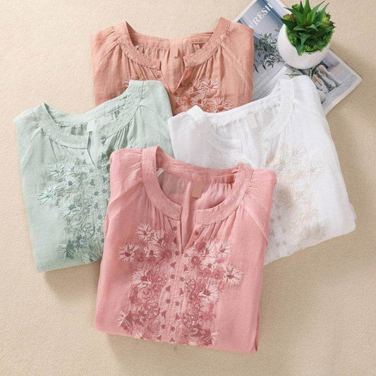 Women's Cotton And Linen Three-quarter Sleeve Embroidered Top - G-daat