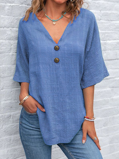 Casual V-neck Short Sleeve Regular Pullover Multi-color Women's Button Top