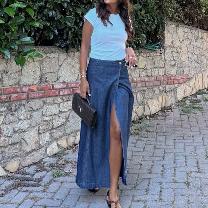 High-waist Asymmetric Slit A-line Denim Midi Skirt For Women