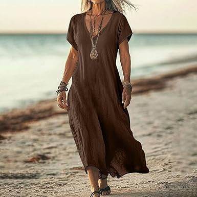 Loose Solid Color And V-neck Cotton And Linen Dress - G-daat