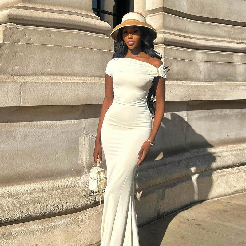 Off-Shoulder Backless Dress - Pleated Slim Fit Women's Dress - G-daat