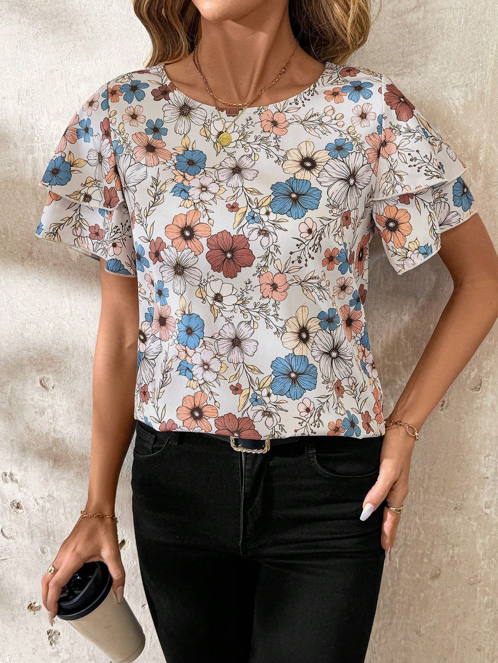 Round Neck Stitching Short Sleeve Loose Printed Top For Women