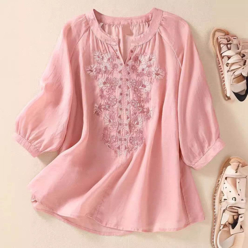 Women's Cotton And Linen Three-quarter Sleeve Embroidered Top - G-daat