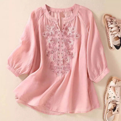 Women's Cotton And Linen Three-quarter Sleeve Embroidered Top - G-daat