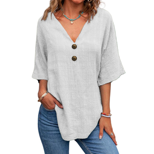 Casual V-neck Short Sleeve Regular Pullover Multi-color Women's Button Top