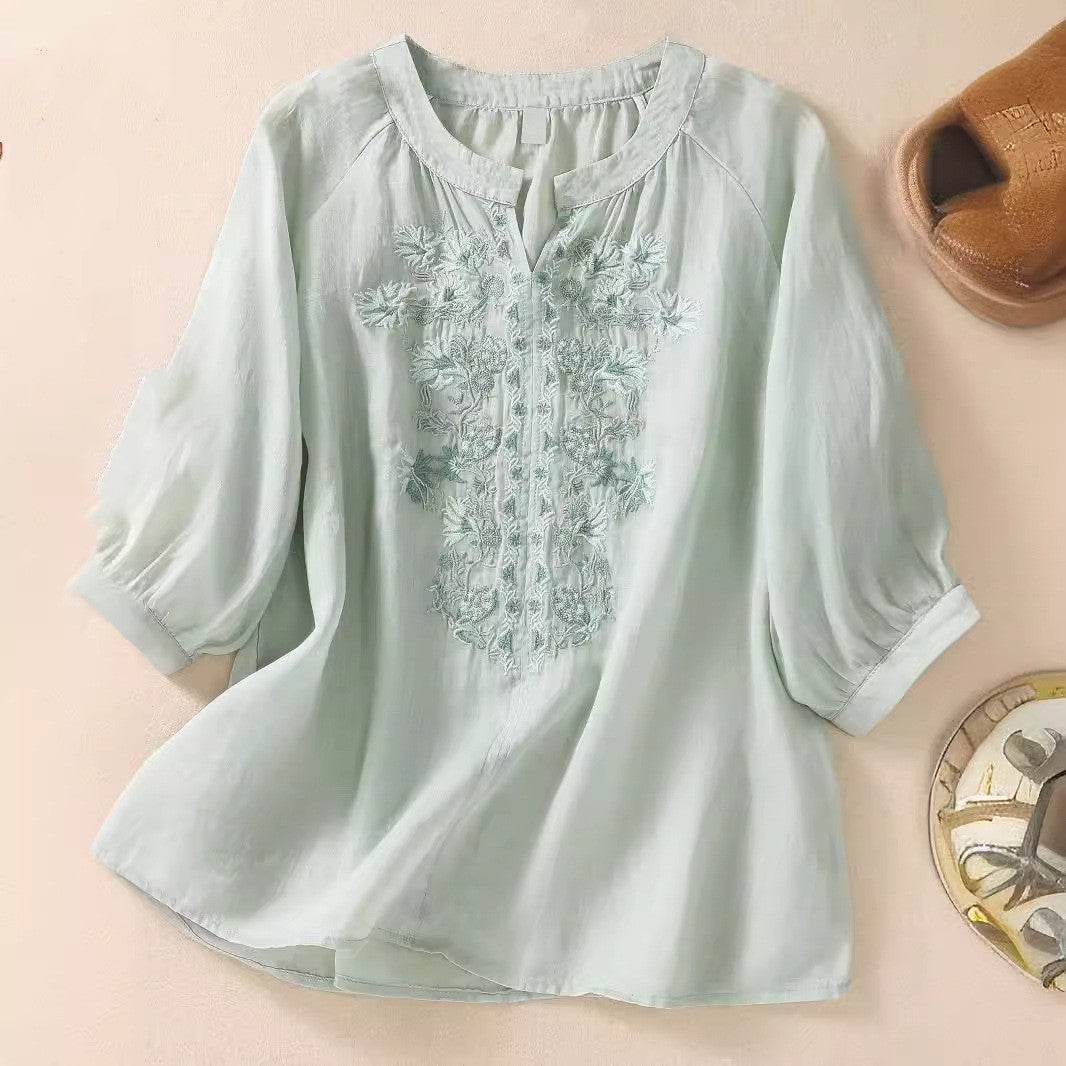 Women's Cotton And Linen Three-quarter Sleeve Embroidered Top - G-daat