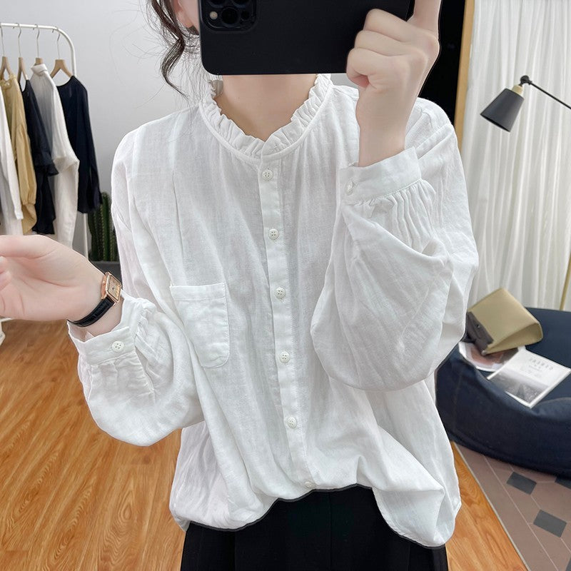 Women's Long-sleeved Cotton And Linen Loose Youthful-looking Ruffled Collar Shirt