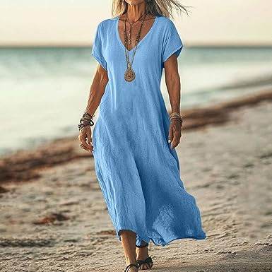Loose Solid Color And V-neck Cotton And Linen Dress - G-daat