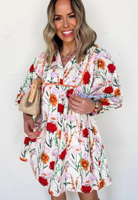 Beige Floral Print Puff Sleeve Ricrac Trim Mini Dress